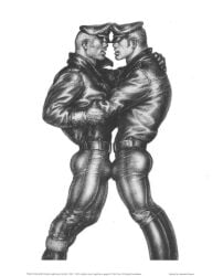 1963 dated original traditional_media gay male male_only tom_of_finland 2boys bulge rubbing simple_background white_background muscular ass tight_clothing leather