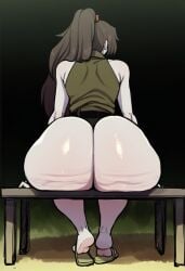 ai_generated bare_shoulders big_ass bimbasileia carmen_(lobotomy_corporation) cellulite fat_ass feet gigantic_ass library_of_ruina lobotomy_corporation ponytail shiny_skin sitting thight_clothing viewed_from_behind