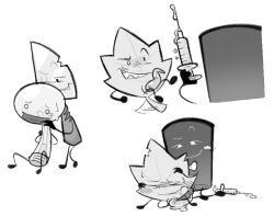 algebralian ambiguous_gender animate_inanimate battle_for_dream_island bfdi clockstops3am conditional_dnp elemental_creature flora_fauna genitals greyscale group hi_res holding_syringe knife labbit1337 light_bulb male monochrome not_furry object_shows penis plant smile tapering_penis