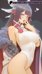 1girls 2025 ai_generated angel angel_wings artist_name breasts bust chest columbina_(genshin_impact) electroworld feathered_wings female genshin_impact halo harpy hi_res high_quality high_resolution highres hoyoverse leotard long_hair patreon patreon_username solo stable_diffusion tongue tongue_out watermark white_leotard white_wings winged_arms wings