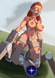 1girls aloy ball_gag bondage bound breast_bondage female female_only femsub gag gagged horizon_zero_dawn machine machine_bondage machinery mechanical_fixation png puffpow red_hair steel_bondage