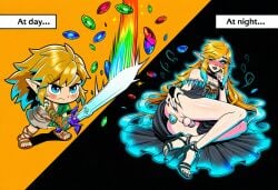 ai_art ai_generated anal_insertion ass_grab bare_legs before_and_after black_lipstick black_nails blue_eyes blue_hair blush butt_focus buttplug caged_cock chastity_cage chibi choker crossdressing day dress elf_ears femboy feminine_male feminization gold_hair heart_symbol heels legs_together lifting_clothing link link_(tears_of_the_kingdom) lipstick long_dress long_ears long_hair long_nails makeup master_sword multiple_versions_of_same_character multiple_views night nintendo novelai plug_(sex_toy) presenting_ass rupee seductive_look shaved_crotch split_screen submissive_femboy submissive_male sweat text the_legend_of_zelda