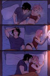 1boy 1girls after_sex bed ceejss couple female male naruto naruto_(series) sakura_haruno sasuke_uchiha