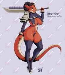 2_horns 5_fingers abstract_background absurd_res anthro armor artist_logo artist_name ass asymmetrical_armor barely_visible_genitalia barely_visible_vulva big_breasts big_butt bikini bikini_thong black_eyebrows black_horn blue_background boots bracelet breasts butt_pose camel_toe character_name cheek_spikes cify claws clothed clothing colored cuff_(restraint) cuffs_(clothing) curved_horn curvy_figure digital_drawing_(artwork) digital_media_(artwork) eyebrows eyelashes facial_spikes female finger_claws fingers fist footwear genitals glistening glistening_armor glistening_breasts glistening_eyes glistening_shoulders glistening_thighs glistening_torso grey_background head_horn head_spikes head_spines hi_res high_heels highlights_(coloring) holding_melee_weapon holding_object holding_sword holding_weapon horn hourglass_figure humanoid_hands jewelry kobold large_sword legwear logo long_tail matoi_ryuuko_(cosplay) melee_weapon metal_bracelet metal_cuffs navel non-mammal_breasts non-mammal_navel non-mammal_vulva one-piece_swimsuit pixel_(artwork) pose pupils purple_bikini purple_clothing purple_footwear purple_high_heels purple_legwear purple_swimwear purple_thigh_boots purple_thigh_highs purple_thong purple_underwear red_body red_breasts red_claws red_face red_finger_claws red_hands red_highlights red_legs red_scales red_snout red_spikes red_tail red_torso red_upper_jaw reptile reptile_tail restraints rhazira_the_relentless rounded_snout scales scalie scaly_tail scuted_tail scutes shoes short_snout shoulder_pads simple_background skimpy skimpy_bikini skimpy_thong slit_pupils small_waist solo spiked_tail spikes spikes_(anatomy) spines swimwear sword sword_on_shoulder tail tail_spines tan_body tan_face tan_lower_jaw tan_scales tan_snout tan_stomach tan_tail tan_torso text thick_eyelashes thick_tail thick_thighs thigh_boots thigh_highs thong two-piece_swimsuit unconvincing_armor under_boob underwear voluptuous voluptuous_anthro voluptuous_female vulva weapon white_spikes white_spines wide_hipped_anthro wide_hipped_female wide_hips yellow_eyes