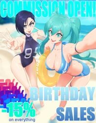 beach commissions_open deepspace hatsune_miku nova_(deepspace) pinup swimsuit