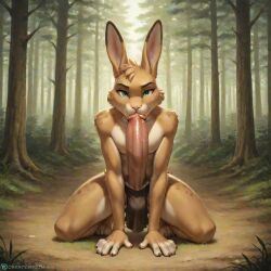ai_generated anthro bunny claws erection forest_background furry gay loincloth looking_at_viewer male male_only naked nipples outdoors outside paws penis self_lick selfsuck sitting solo_male topless yaoi