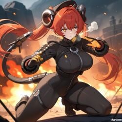 (titancore) ai_generated combat curvy_figure dragon_girl dragon_humanoid female fighting fighting_stance girl horns huge_breasts long_hair magus_(zenless_zone_zero) monster_girl orange_hair orphie_magnusson pointy_ears robotic_tail tail twintails video_game_character yellow_eyes zenless_zone_zero