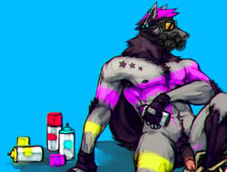 1boy anthro balls boulevard canine flaccid fur furry gas_mask male male_only nude paint penis piercing sitting solo wolf