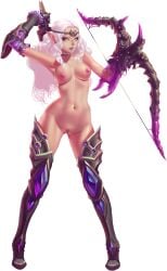 armor arrow_(projectile) artist_request artistic_error blue_eyes bow_(weapon) breasts crystal_maiden_(series) elf female full_body game_cg gloves groin highres holding holding_arrow holding_bow_(weapon) holding_weapon ivory_(crystal_maidens) leg_armor navel nipples nude official_art pointy_ears purple_lips pussy quiver solo transparent_background variant_set weapon white_hair