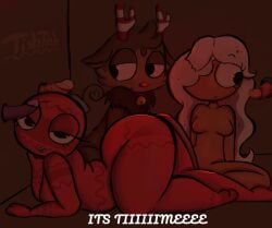 2girls 4boys ambiguous_character animate_inanimate anthro anthro_male antlers ass bedroom_eyes bell big_ass big_ass_(female) big_butt big_butt_(female) bobette_(dandy's_world) boxten_(dandy's_world) breasts brown_body brown_fur christmas_ornament chubby_female cock cookie dandy's_world dark_lighting deer dick digital_media_(artwork) english english_text eyelashes fat_rolls female_ass female_breasts female_butt food_creature frown furry furry_male genitals ginger_(dandy's_world) glory_hole glory_holes imminent_sex laying_down laying_on_stomach lidded_eyes looking_at_penis looking_at_viewer lying lying_on_stomach male_anthro male_furry missing_eye naked neck_fluff no-human no_human no_humans no_nipples non-human non-human_only nude nudity object object_head on_stomach one_eye open_mouth ornament overweight overweight_female penile_spines penis png purple_penis red_body red_nose reindeer roblox roblox_game rudie_(dandy's_world) sitting sitting_down skinny skinny_female small_antlers smile smiling spikes_on_penis spikey_penis sprout_(dandy's_world) striped_antlers text thick_thighs tishtish trio_focus webp-to-png_conversion white_hair white_hair_female