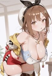 ai_generated arms_behind_back atelier_(series) atelier_ryza atelier_ryza_1 bare_shoulders bent_over beret black_hairband black_ribbon blush boots breasts bright_pupils brown_eyes brown_hair brown_thighhighs camisole cleavage clothing collarbone dmk_meow female hair_ornament hairclip hanging_breasts hat headwear jacket jewelry large_breasts leaning_forward legwear looking_at_viewer navel necklace off_shoulder open_clothes open_jacket open_mouth parted_lips red_shorts reisalin_stout short_hair short_shorts shorts skindentation solo spaghetti_strap star_(symbol) star_necklace strap_gap sweat thick_thighs thigh_boots thighhighs thighhighs_under_boots thighs white_camisole white_headwear white_pupils white_thighhighs yellow_jacket yellow_vest