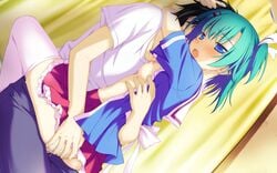 blue_eyes blush breasts censored game_cg green_hair gt_(artist) irotoridori_no_sekai nipples sex short_hair toumine_tsukasa wet