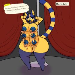 2025 6_breasts animal_crossing ankh_piercing ankha_(animal_crossing) anthro areola arm_ring big_breasts big_nipples blue_areola blue_clothing blue_hair blue_legwear blue_lips blue_nipples blue_stripes blue_thigh_highs breasts clothing dialogue_box domestic_cat english_text felid feline felis female firepawdacat_(artist) fur genitals hair hands_behind_head hi_res huge_breasts huge_hips huge_nipples huge_thighs legwear lips mammal markings mostly_nude multi_breast nintendo nipple_chain nipple_piercing nipples piercing pole ring_(marking) ringed_tail solo striped_markings striped_tail stripes stripper_pole tail tail_markings text thick_thighs thigh_highs uraeus vulva wide_hips yellow_body yellow_fur