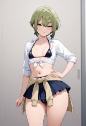 2025 ai_generated alternate_version_available belly bikini bikini_bottom bikini_top black_bikini black_bikini_bottom black_bikini_top blush breasts bulge civitai crossdressing elan_ceres femboy feminine_male girly gnjy green_eyes green_hair gundam gundam_suisei_no_majo hand_on_hip hand_on_own_hip indoors looking_at_viewer man_boobs man_breasts navel pectorals skirt standing thighs top topwear trap white_top white_topwear