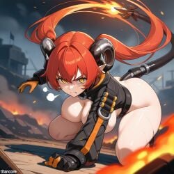 (titancore) ai_generated combat curvy_figure dragon_girl dragon_humanoid female fighting fighting_stance girl horns huge_breasts long_hair magus_(zenless_zone_zero) monster_girl naked open_clothes open_jacket orange_hair orphie_magnusson pointy_ears robotic_tail strong_female tail twintails video_game_character yellow_eyes zenless_zone_zero