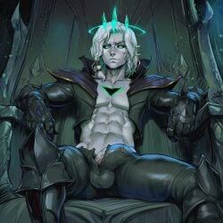 abs ai_generated balls_bulge black_sclera bulge gauntlets green_eyes jarvanai league_of_legends leaning_back leather_clothing peeking_penis riot_games sitting smirk solo_male throne toned_body toned_male unbuttoned_pants veiny_penis viego_(league_of_legends) white_hair
