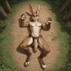 ai_generated anthro big_penis bunny claws erection forest_background furry high_quality loincloth looking_at_viewer male male_only naked nipples on_back outdoors outside paws penis rabbit solo_male topless view_from_front yaoi