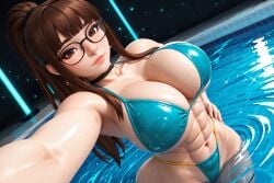 1girls 3d 3d_(artwork) abs ai ai_generated armpits big_breasts bikini breasts bubble_ass bubble_butt busty cleavage female glasses hd high_resolution highres latex madz_(oc) muscular muscular_female ponytail pool preview radnsad rubber selfie solo solo_female solo_focus stretching swimsuit teal_bikini thick_thighs thong wallpaper water