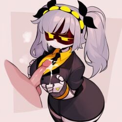 1boy 1girls absurd_res ai_generated annoyed anonymous_male black_suit black_tie blush blush_lines clothed clothed_paizuri clothed_sex clothed_titfuck cum cum_on_breasts cum_on_clothes cum_on_face disembodied_penis duo falsegate glitch_productions gray_hair hands_on_own_chest highres humanoid j_(murder_drones) long_hair murder_drones non-human penis robot robot_girl robot_humanoid self_upload silver_hair simple_background stable_diffusion straight suit tie twintails visor white_background yellow_eyes