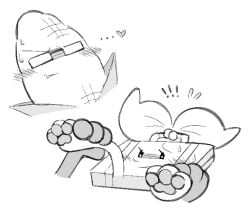 ambiguous_gender animate_inanimate blush clockstops3am conditional_dnp corn duo feet food food_creature foot_fetish greyscale hi_res hindpaw holding_leg inanimate_insanity labbit1337 monochrome object_shows paws plant simple_background steve_cobs white_background