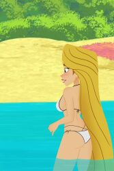 artist_request ass back back_view backboob backside beach bikini bikini_bottom bikini_top blonde_female blonde_hair disney disney_channel disney_princess extremely_long_hair green_eyes in_water rapunzel rapunzel_(tangled) sand standing_in_water trees water