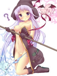 >_< ? anyannko bare_shoulders blue_eyes blush boots bow_panties breasts collarbone familiar feline female gloves hat highres kneeling lavender_hair long_hair looking_at_viewer navel nipples no_bra original panties panty_pull purple_eyes pussy small_breasts solo staff star uncensored underwear very_long_hair wardrobe_malfunction white_background witch witch_hat