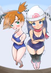 2girls arms_under_breasts barefoot beanie black_thighhighs blue_eyes blue_hair blue_one-piece_swimsuit blush boots breasts breath cleavage closed_mouth cold crossed_arms dawn_(pokemon) day embarrassed footprints green_eyes hair_ornament hairclip hat kasumi_(pokemon) long_hair looking_at_viewer looking_up medium_breasts microsd_(pibo) multiple_girls nintendo one-piece_swimsuit open_mouth orange_hair outdoors poke_ball_print pokemon pokemon_dppt pokemon_rgby red_scarf scarf school_swimsuit short_hair side_ponytail snow standing swimsuit thighhighs