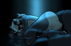 anthro anus arm_tattoo ass balls belt belt_bondage black_belt black_body black_fur bondage bound brown_body brown_fur claws digital_media_(artwork) ertonhin fluffy fluffy_tail fur genitals green_eyes grey_body grey_fur gulonine hair hands_tied hi_res legs_tied lying male mammal marten multicolored_body multicolored_fur multicolored_hair mustelid musteline muzzle_(object) muzzled nude oliver_(ertonhin) on_side sable_(marten) simple_background solo tail tattoo two_tone_hair