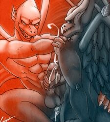 anal arma_(demon's_crest) balls boner cum demon demon's_crest erection firebrand gay grin handjob male male_only nude orgasm power_bottom red red_arremer video_games wings