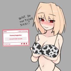 1girls ahoge arcueid_brunestud big_breasts bikini blonde_hair breasts cow_print enormous_breasts grabbing_own_breast groping_own_breast holding_own_breast huge_breasts large_breasts melty_blood short_hair strawpage_request sugoiiii__ top_heavy tsukihime upper_body
