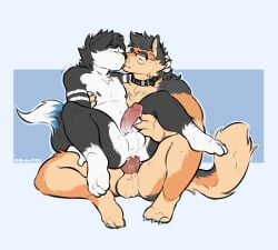 absurd_res anal anal_sex anthro blush blush_lines bodily_fluids canid canine canis closed_eyes collar domestic_dog duo from_front_position genital_fluids genitals german_shepherd herding_dog hi_res holding_leg humanoid_genitalia humanoid_penis ichy_(husky) kissing male male/male mammal mitsuaky muscular mutantail on_bottom on_top pastoral_dog penetration penis precum reverse_cowgirl_position sex sitting tongue tongue_out vein