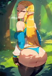 1girls aroused ass blonde_female blonde_hair elf elf_ears elf_female ene exhibitionism female_focus female_only forest horny in_heat inviting naughty_face panties pants_down pervert princess princess_zelda pulling_down_pants ready_to_fuck showing_ass showing_off solo solo_female the_legend_of_zelda the_legend_of_zelda:_breath_of_the_wild thong undressing wanting_sex