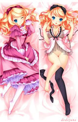 1girls alice_blanche blonde_hair blue_eyes blush bottomless bow breasts cleavage dakimakura dodojune first_porn_of_franchise frills ikoku_meiro_no_croisee nipples no_panties pointy_chin pussy see-through source_request thighhighs wink