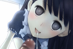 black_hair censored cum cum_in_mouth dress empty_eyes facial fellatio frills kawanakajima long_hair looking_at_viewer open_mouth oral original penis questionable smile solo tongue