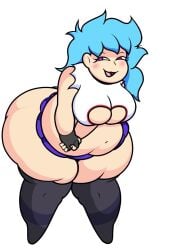 arms_held big_ass big_belly big_breasts big_butt blue_hair blue_skirt blush boob_window bubble_ass bubble_butt chubby chubby_female fat friday_night_funkin friday_night_funkin_mod heart-shaped_pupils heart_eyes hips huge_ass huge_belly pawg purple_eyes short_skirt skyblue skyblue_(friday_night_funkin) small_skirt smug smug_face thighhighs white_shirt wide_hips