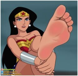 2d 2d_(artwork) amazon amazonian blue_eyes clothed_female dark-skinned_female dc dc_comics dcau diana_prince disgusted_expression female female_focus female_only foot_fetish foot_focus foot_on_leg gray_background hands_on_knees justice_league justice_league_unlimited light-skinned_female long_black_hair looking_at_viewer marcelinhofeet sitting_on_ground soles soles_fetish tagme wonder_woman wonder_woman_(justice_league) wonder_woman_(series)