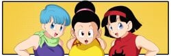 3girls background big_breasts black_hair blue_hair bulma_briefs chichi chichi_(majin_buu_saga) dragon_ball dragon_ball_super dragon_ball_z female_only hair_bun only_female red_shirt rnhappy short_hair slimray solid_color_background videl videl_(dragon_ball_super) videl_(short_hair)