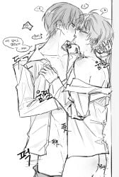 aoyagi_touya closed_eyes grabbing_partner hair_grab hand_in_hair kiss_on_lips open_eyes project_sekai shinonome shinonome_akito shirt_open tongue_kiss tongue_out