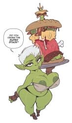 1girls areola_slip artist_request big_breasts boots bra breasts busty dialogue female fingerless_gloves food goblin goblin_female green_nipples pointy_ears sandwich_(food) short_hair shortstack speech_bubble underwear waitress white_hair