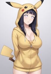 ai_generated arms_behind_back big_breasts black_hair civitai cosplay cosplay_pikachu hyuuga_hinata hyuuga_hinata large_breasts long_hair no_pupils purple_eyes