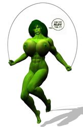 1girls 3d 3d_(artwork) abs angry big_breasts breasts chup@cabra dialogue exercise female female_only giant_breasts green_hair green_skin huge_breasts hulk_(series) jump_rope marvel marvel_comics muscular muscular_female nipples nude she-hulk solo speech_bubble white_background