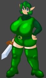 1girls absolute_territory aged_up belt belt_buckle blue_eyes boots breasts bulletification female female_only gray_background green_clothes green_clothing green_hair hairband holding_object kokiri looking_at_viewer nintendo ocarina_of_time pointy_ears saria shiny_boots smile solo solo_female sword the_legend_of_zelda thick_thighs triforce turtleneck_sweater voluptuous