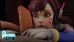 1boy 1boy1girl 1girls blowjob blowjob_face brown_eyes brown_hair cosplay cum cum_inside d.va dvach-tan español mamada overwatch spanish spanish_text tagme tracer track_jacket video