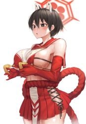 1girls animal_ears artist_reqeust artist_request bare_shoulders bikini bikini_under_clothes black_hair blue_archive blurry blush breast_curtain breasts collarbone curvy detached_sleeves extra_ears female hair_between_eyes highres huge_ huge_breasts japanese_clothes large_breasts pleated_skirt red_sailor_collar red_skirt revealing_clothes sailor_collar serafuku short_hair sideboob solo swimsuit tassel thick_thighs thighs tsubaki_(blue_archive) underboob