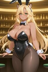 afalyca ai_generated bar big_breasts big_thighs black_leotard blonde_hair blonde_hair bottle bottles bottles_background bow bunny_ears bunny_girl bunnysuit genshin_impact green_eyes indoors leopard leopard_ears leopard_girl leopard_tail leotard long_hair looking_at_viewer playboy_bunny standing tensor.art tensor_art thick_thighs xilonen_(genshin_impact)