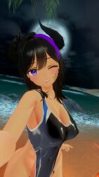 abs armpits ass athletic_female bathing bathing_suit beach big_breasts big_butt black_hair black_swimsuit breasts cute female maiden_stormy moon moonlight nighttime nipples_visible_through_swimsuit ocean ocean_background one_piece_swimsuit purple_streak_in_hair relaxing shiny_skin shiny_swimsuit smile smiling_at_viewer solo succubus_horns succubus_tattoo swimsuit tanned tanned_female tanned_skin thick_thighs thighs tight_swimsuit tight_swimwear vrchat vrchat_avatar vrchat_model wet_body wet_skin wink