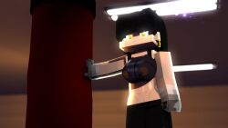 artist_request atletic black_hair black_pants black_topwear boxing_bag breasts ear_ring female gym long_pants minecraft short_hair tomboy white_gauntlets white_skinned_female yellow_eyes