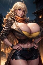 1girls ai_generated belt big_breasts blonde_hair bythebrokenone cleavage cropped_jacket curvaceous eyes female female_only hand_on_hip large_breasts light-skinned_female light_skin purple_eyes rooster_teeth rwby short_shorts standing thick thick_thighs voluptuous voluptuous_female wide_hips yang_xiao_long