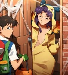 1boy 1girls 2024 ash_ketchum_(cosplay) cleavage female halloween khyleri looking_at_another looking_back male misato_katsuragi neon_genesis_evangelion no_bra_under_clothes pokemon purple_hair shinji_ikari spider_web typhlosion_(cosplay) vaporeon webs worried worried_expression