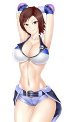 breasts brown_eyes brown_hair cleavage do_konjouuo elbow_pads female female_only fingerless_gloves gloves hair human kazama_asuka large_breasts namco short_hair smile solo tekken